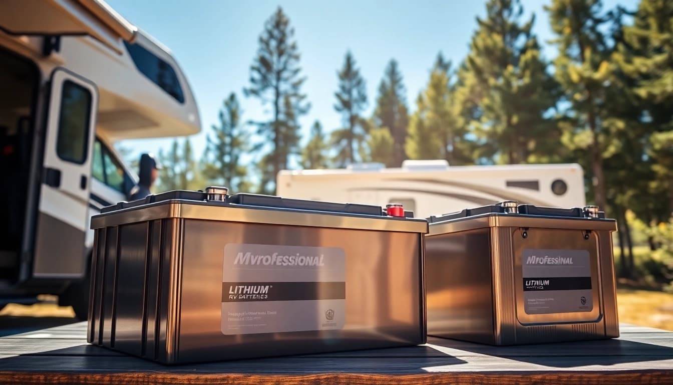 Showcase of lithium RV batteries highlighting their design and functionality in an outdoor setting.