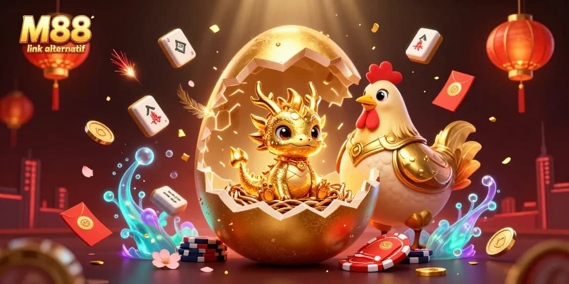 Experience M88 link alternatif distinctive gaming with a golden dragon amidst poker chips.