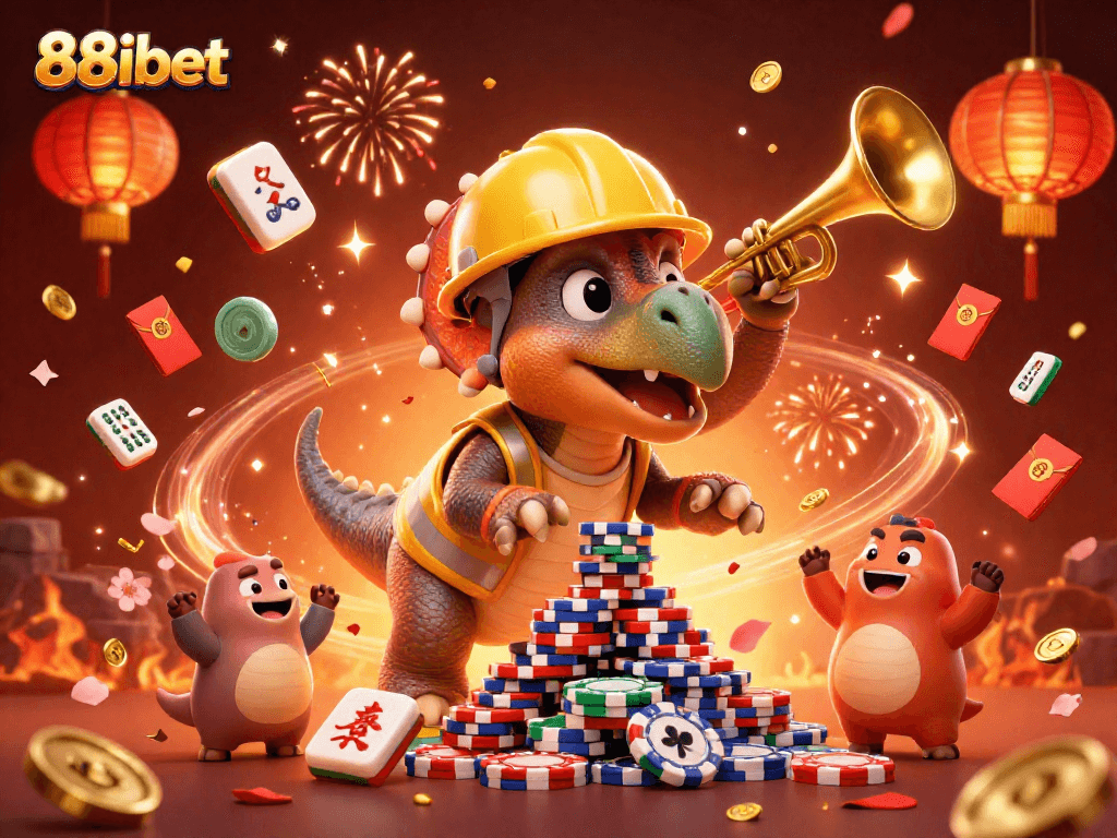 Join the fun at 88ibet as a triceratops builds poker chips amidst a festive celebration
