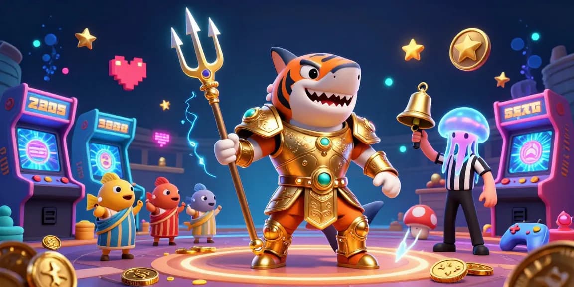 Engage with kingjohnnie’s vibrant underwater casino featuring a golden tiger shark and lively game elements.