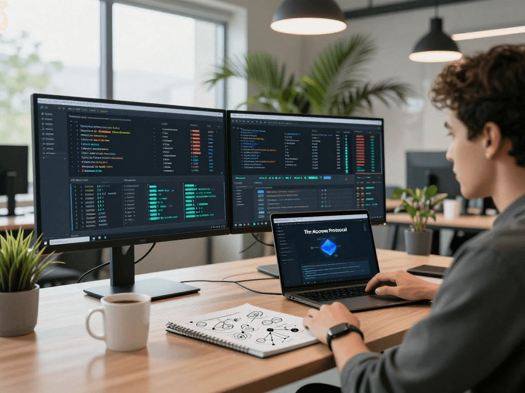 Developer using acrossprotocol for cross-chain transactions in a modern tech workspace.