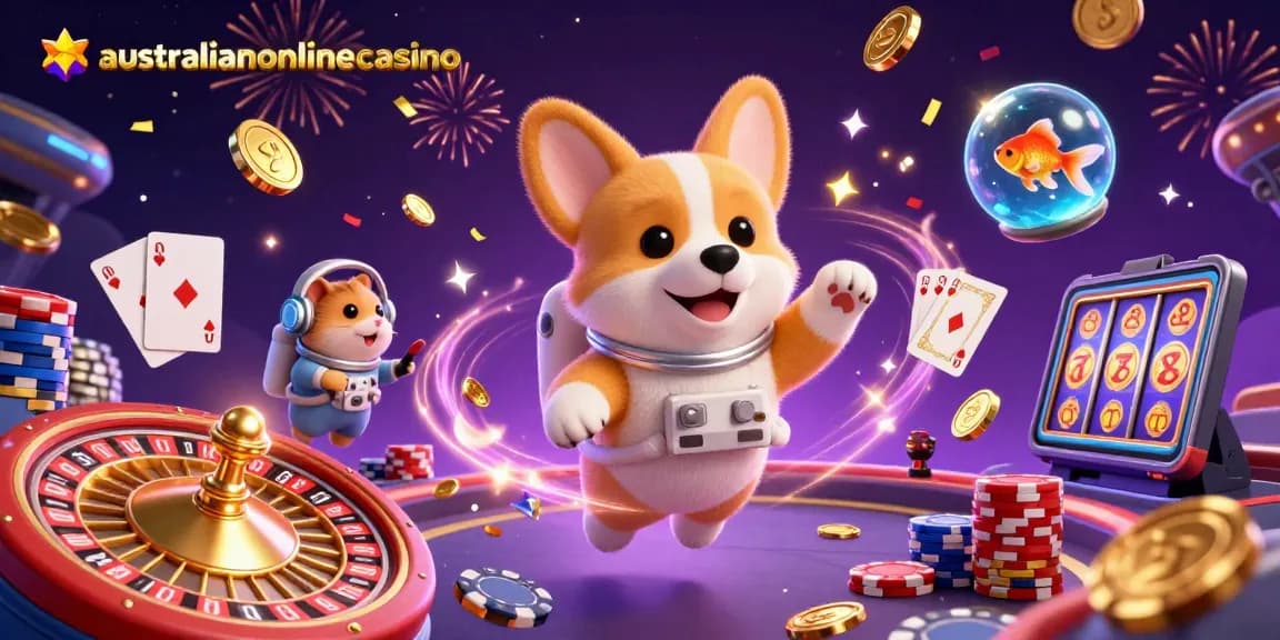 Experience winning moments at australianonlinecasino with an astronaut corgi amid floating coins and poker fun.