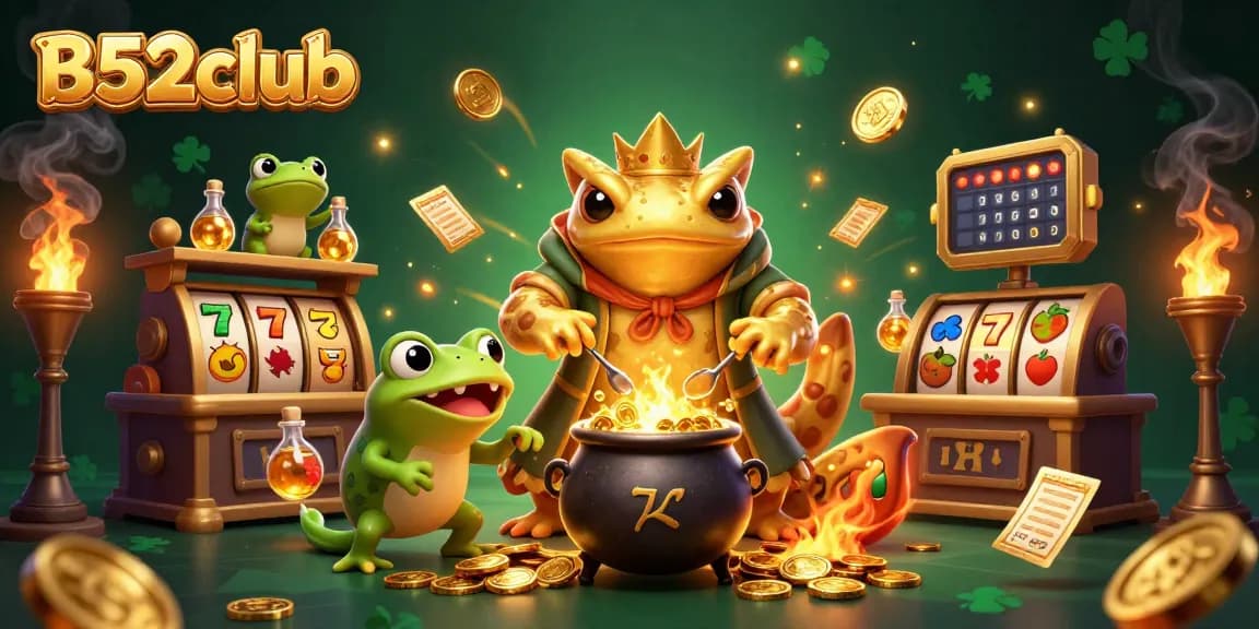 B52club showcases a golden salamander alchemist surrounded by slot reels and golden coins in a vibrant casino scene.