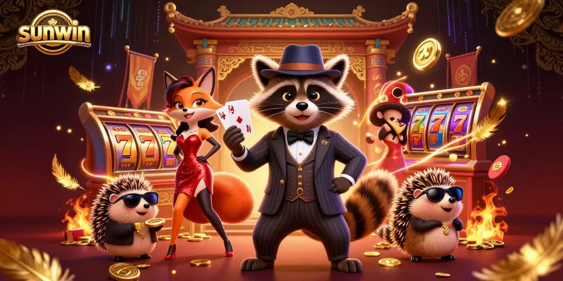 Join sunwin's vibrant gaming scene with a suave raccoon and fox lady immersed in dynamic slots action.