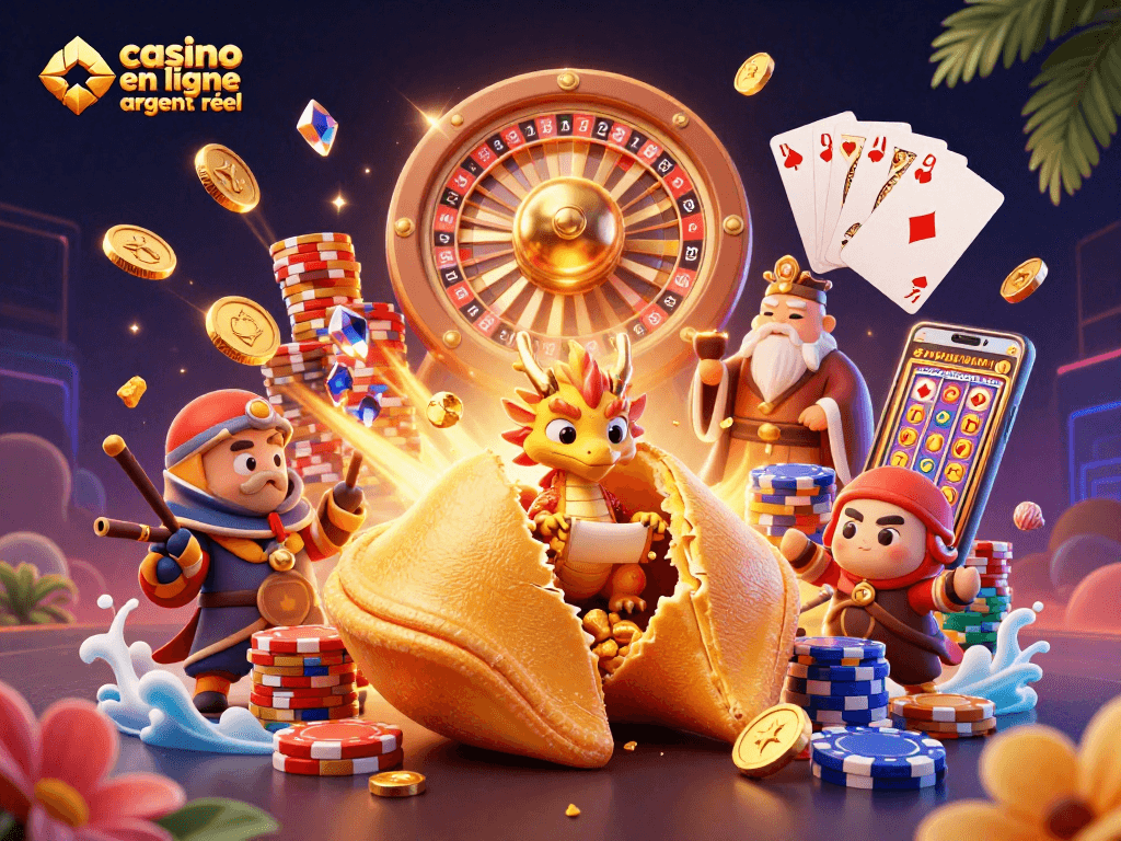 Célébrez les gains avec un dragon sage interprétant des fortunes au casino en ligne argent réel, entouré de jetons et de pièces d'or.