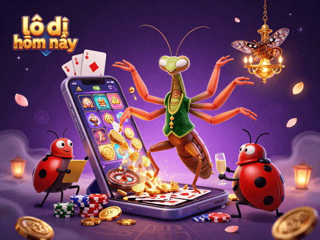 Engaging scene with lô đề hôm nay highlighted, where a giant praying mantis card sharp deals cards, surrounded by casino elements and warm lighting.