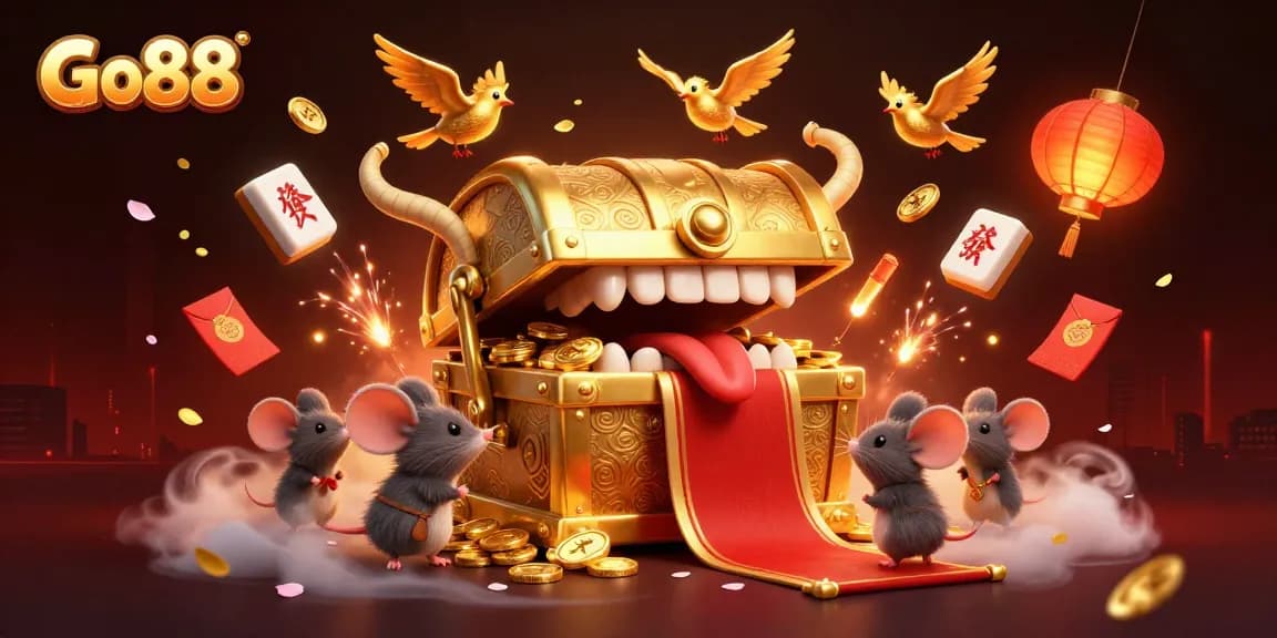 Engage in thrilling adventures with Go88's vibrant casino illustration featuring gold-rich treasures and dynamic game elements.