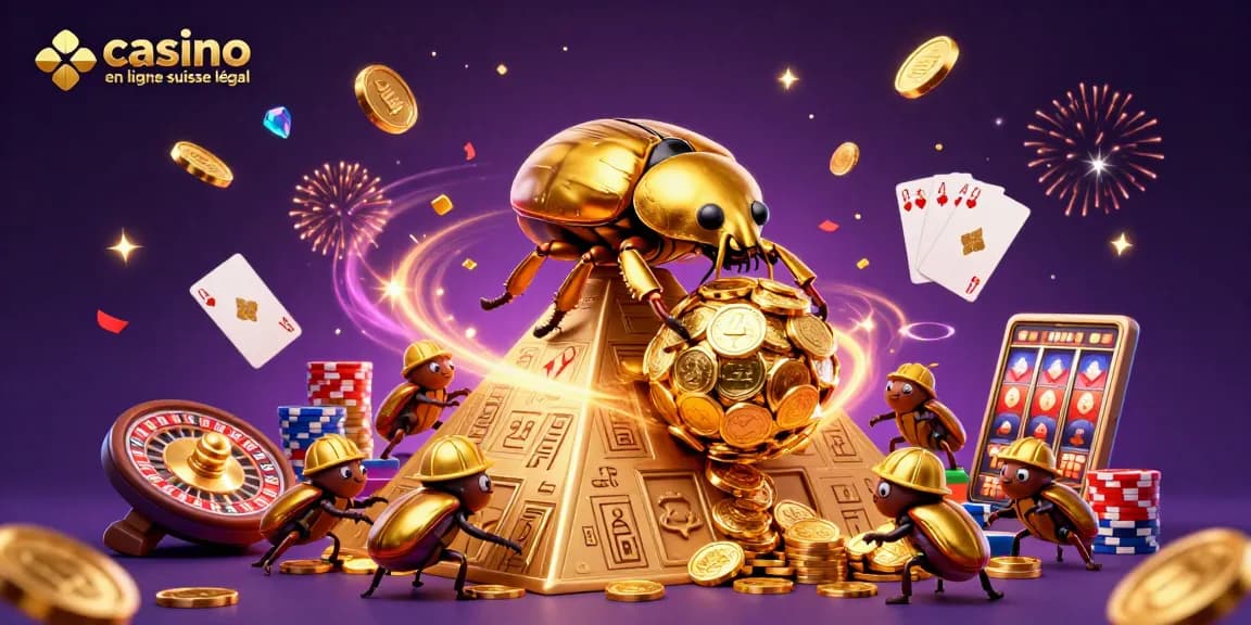 Jeu d'illustration 3D riche représentant un casino en ligne suisse légal avec un scarabée doré.