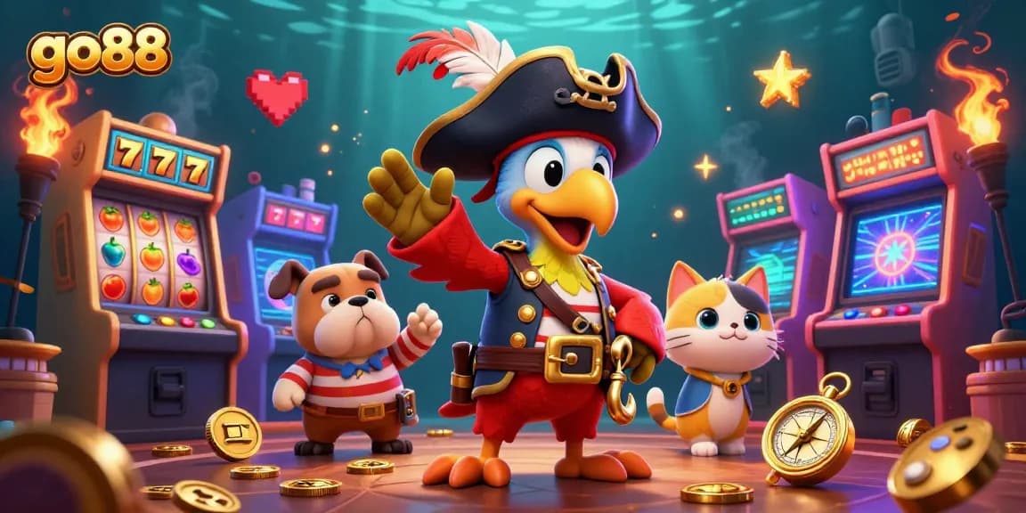 Spin and win at go88 with vibrant slot machines featuring pirate characters in a lively casino scene.