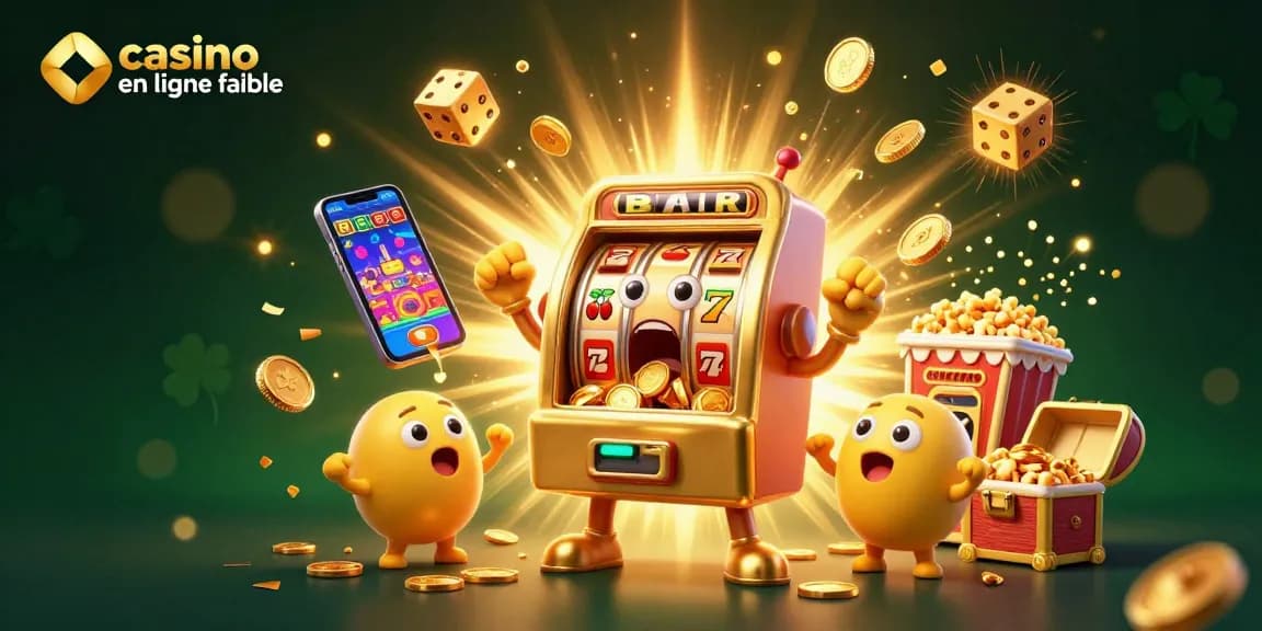 Une machine à sous dorée expressive remportant un jackpot dans un casino en ligne fiable, avec des détails lumineux.