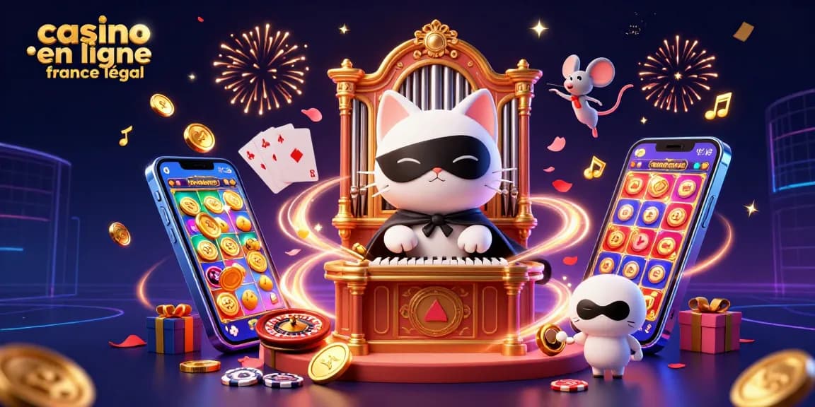 Illustration dynamique représentant le jeu dans un casino en ligne France légal avec un chat fantôme et des éléments ludiques.