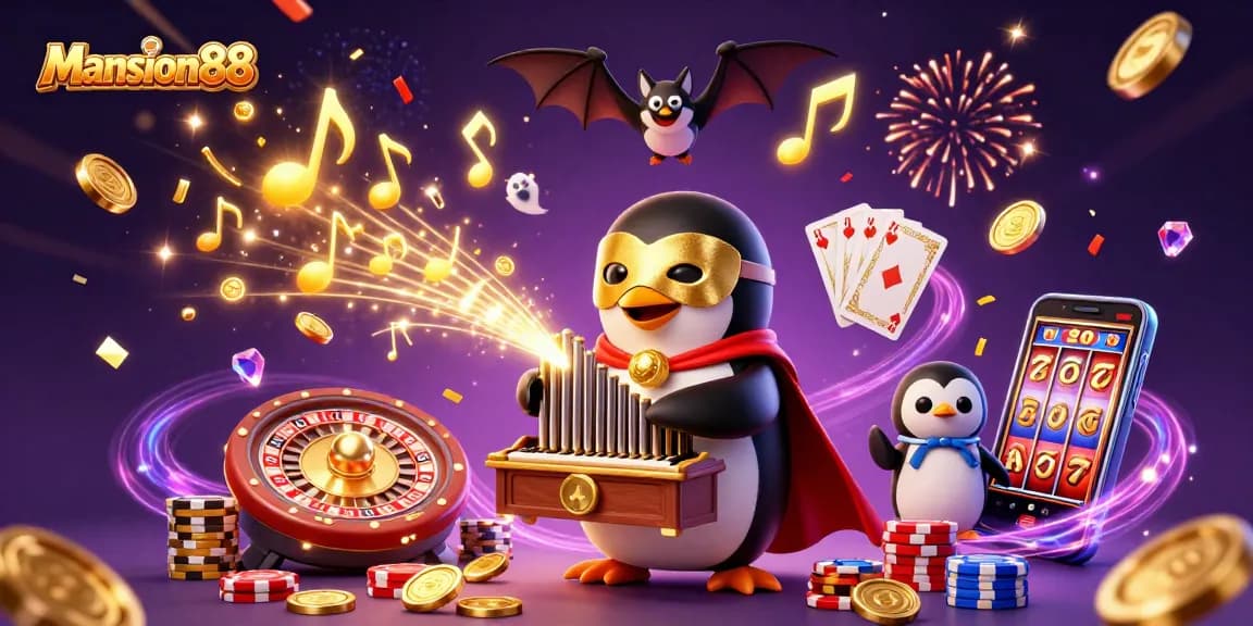 Mansion88 showcases elaborate gaming fun with a penguin playing organ, gold coins flying, and exciting casino elements.