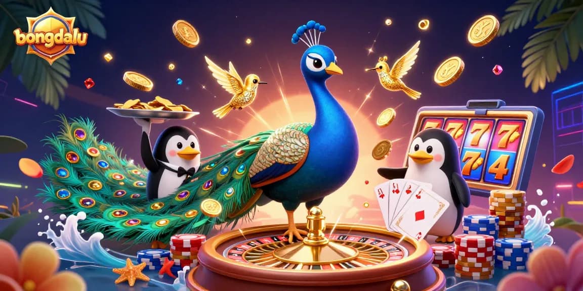 Bongdalu showcases a festive 3D casino scene with vibrant characters and rich elements like golden chips and cards.