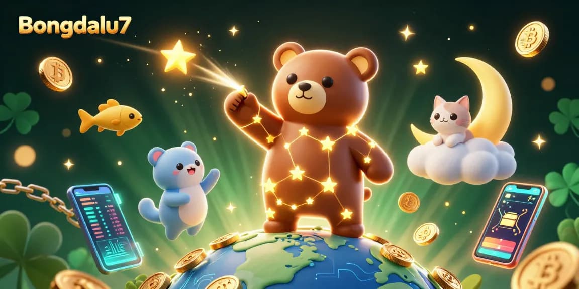 Bongdalu7 reveals a constellation bear in a vibrant casino atmosphere scooping coins amid crypto elements.