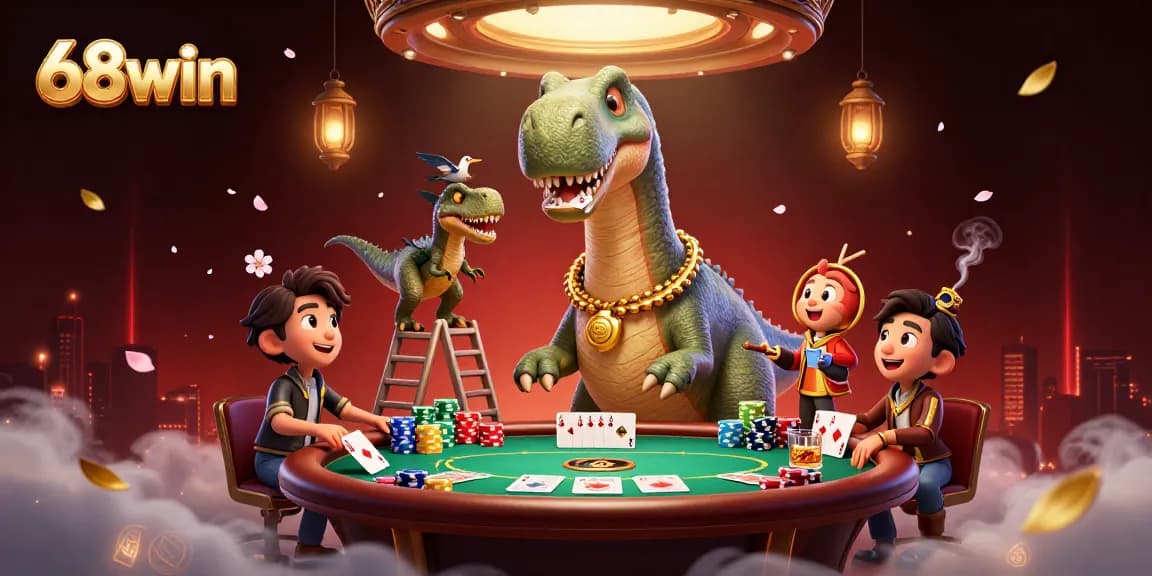 Deal thrilling cards with 68win in a vibrant casino scene featuring a brontosaurus dealer.