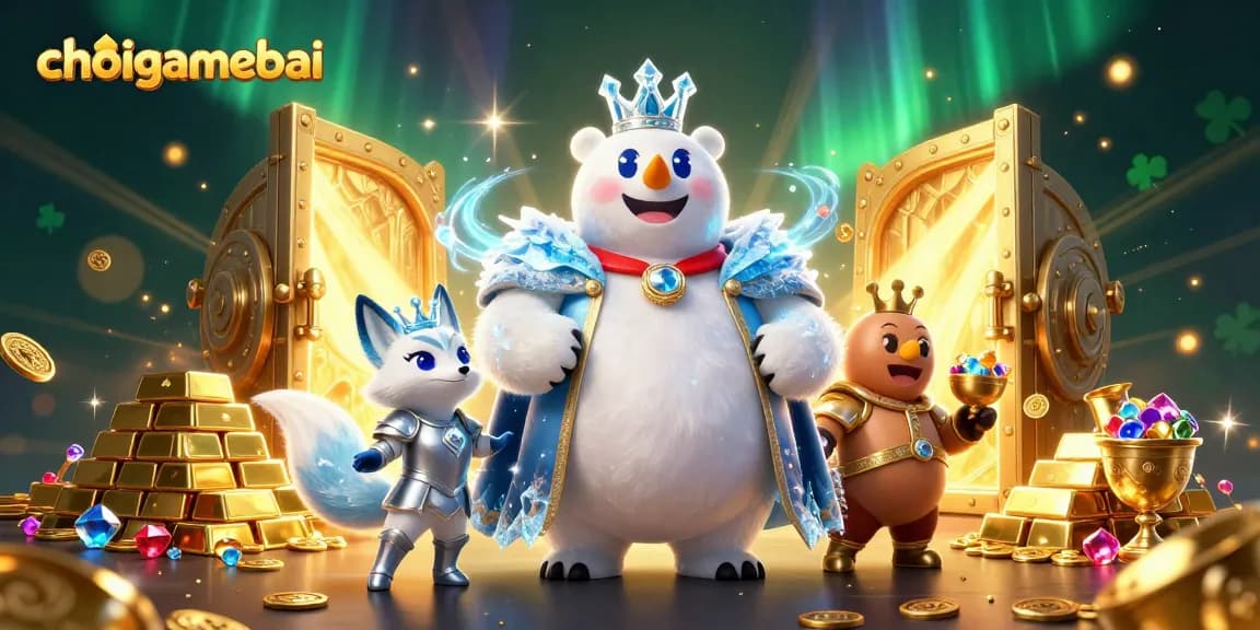 Engage in the choigamebai adventure with the ice king, snow fox, and treasure-rich background.