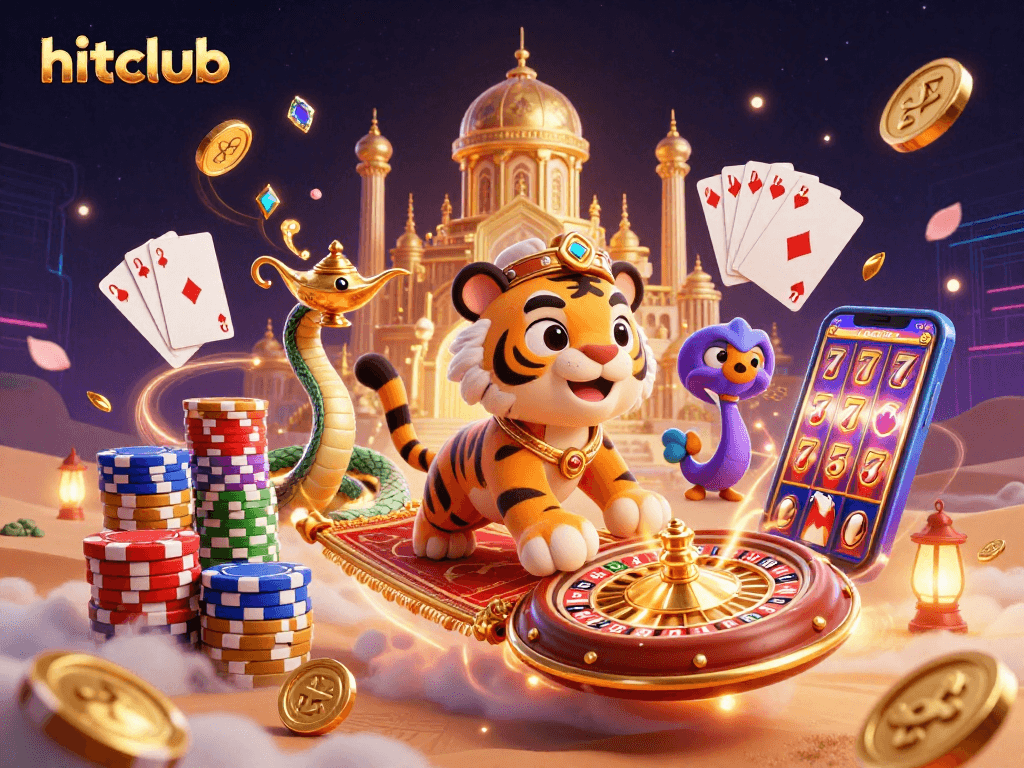 Play exciting casino games with hitclub's vibrant 3D themed illustration showcasing thrilling elements.