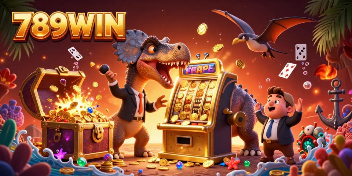 Experience the vibrant action of 789WIN with a dinosaur celebrating a slot machine jackpot amidst a treasure-filled oceanic scene.