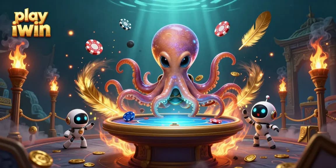 play iwin at a holographic poker table with an alien octopus and magical atmosphere