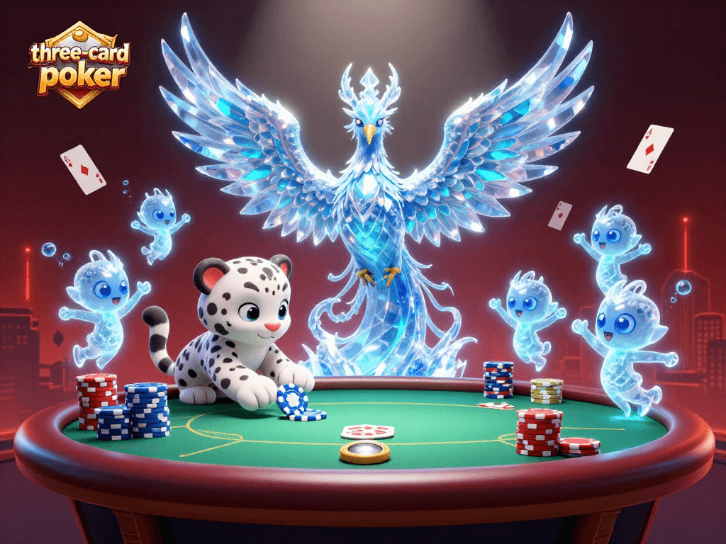 Engage in three-card-poker action with vibrant characters and glowing gameplay elements.