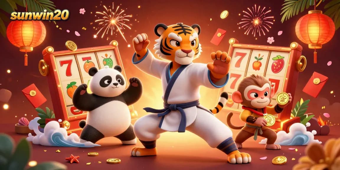 Experience thrilling gameplay at sunwin20 with a kung fu tiger and friends surrounded by casino elements.