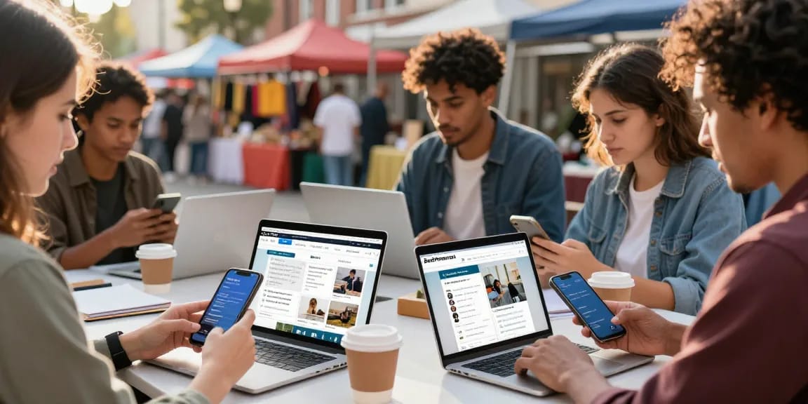 Users engaging on BedPersonal for local classifieds in vibrant setting.