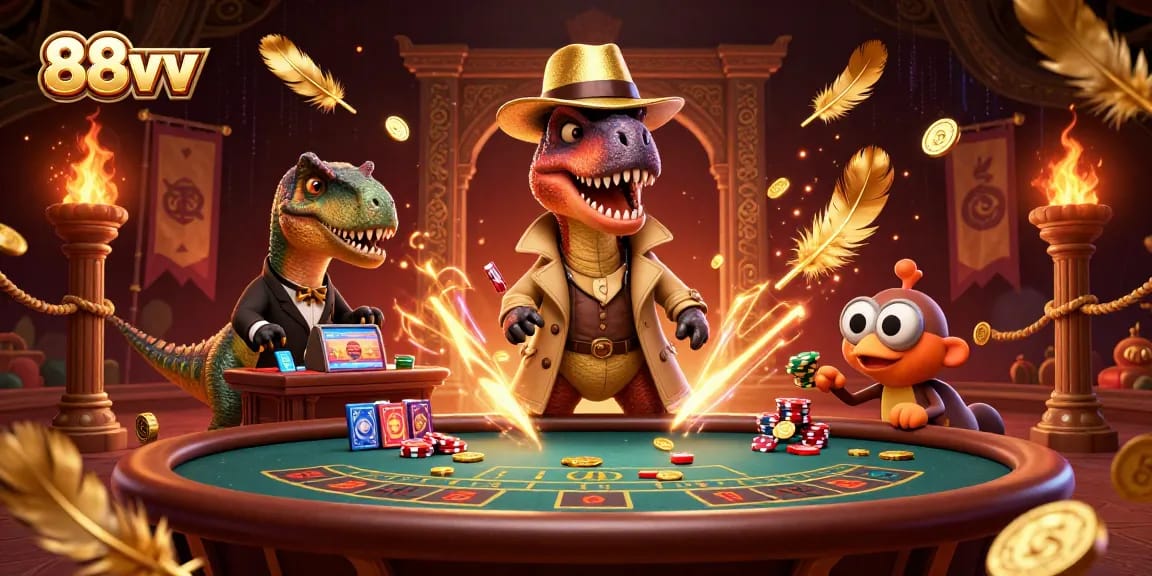 Experience thrilling action at 88vv with cartoon dinosaurs at a blackjack table in a vibrant casino.