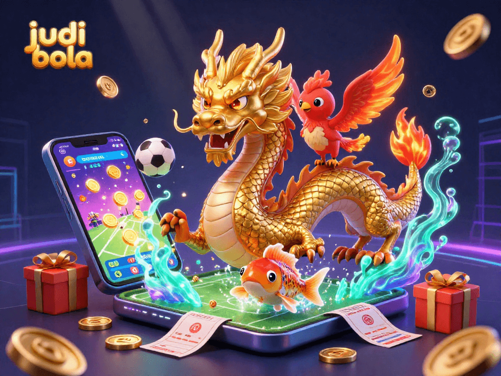 Engage in judi bola with a vibrant 3D illustration featuring a dragon, phoenix, and sports betting elements.
