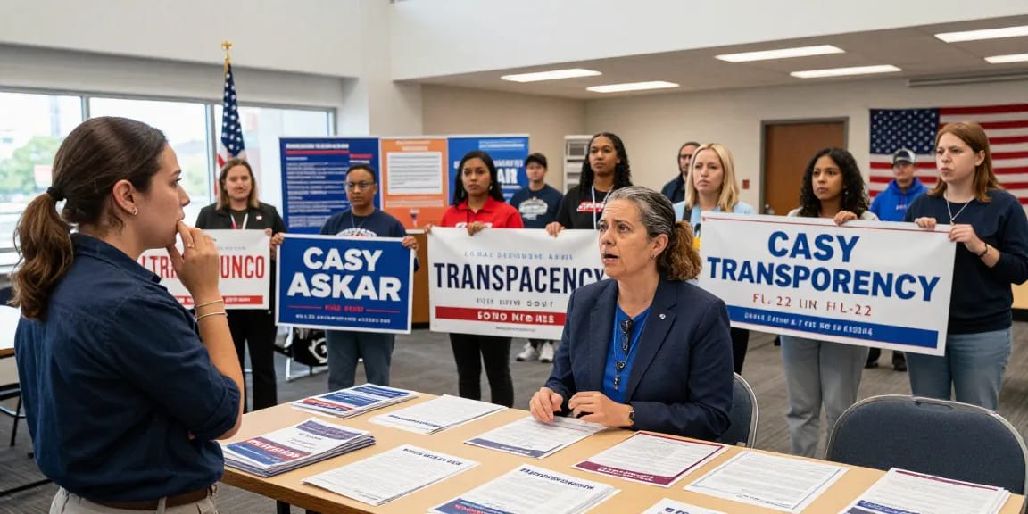 Casey Askar engaging with voters at a town hall meeting focused on political transparency.