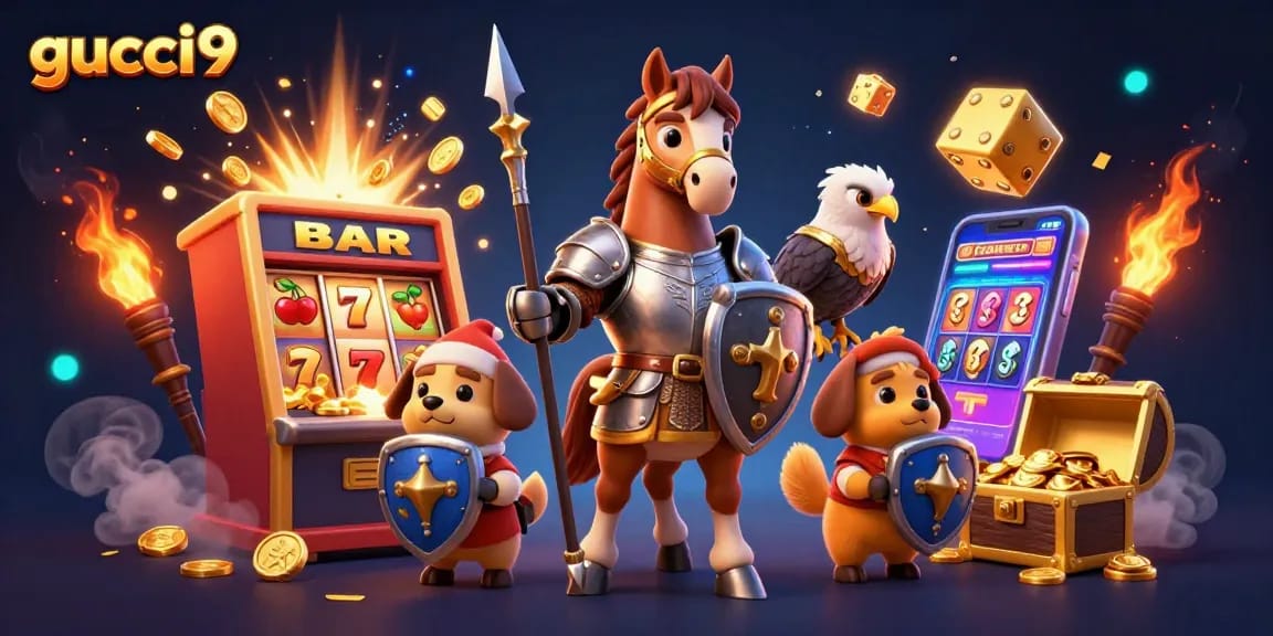 Play thrilling games at gucci9, featuring a dynamic casino scene with colorful symbols and engaging characters.