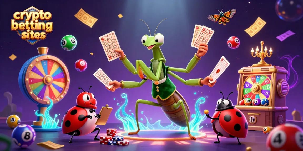 Pariez sur des sites de paris cryptographiques avec une illustration dynamique et colorée d'un caméléon géant et d'une coccinelle, entourés de balles de loterie.