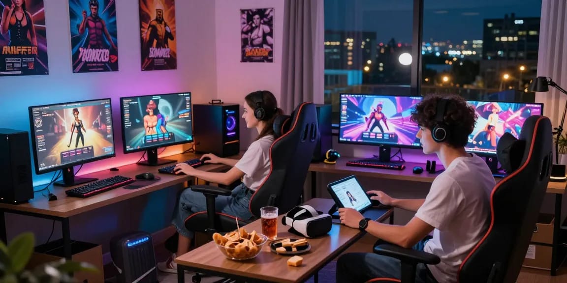 Engaged couple playing sex games on modern gaming setup in a cozy room.