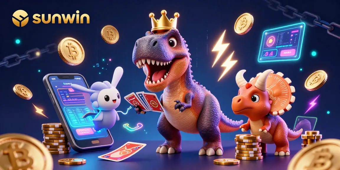 Join the fun at sunwin with a friendly T-Rex shuffling cards, highlighted by vibrant crypto elements.