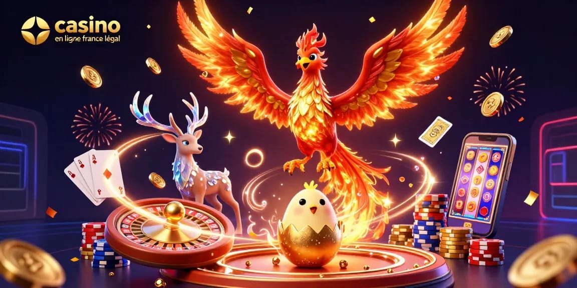 Illustration dynamique d'un casino en ligne France légal avec un phoenix, des pièces d'or et une roulette