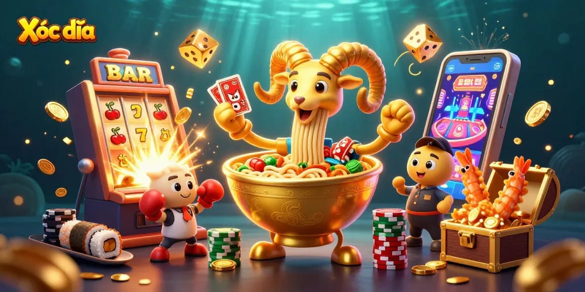 Xóc đĩa shows an exciting casino scene with vibrant colors, featuring characters stacking chips and dealing cards.
