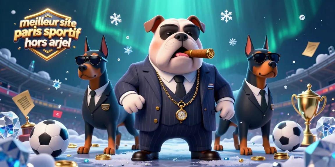 Découvrez le meilleur site paris sportif hors ARJEL avec un bulldog mafieux entouré de ballons de sport.