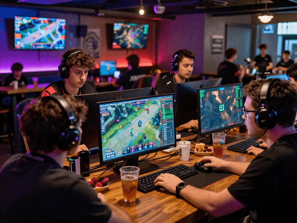 Engaged esports fans at esportspro.games discussing strategies for betting on League of Legends matches in a vibrant sports bar.