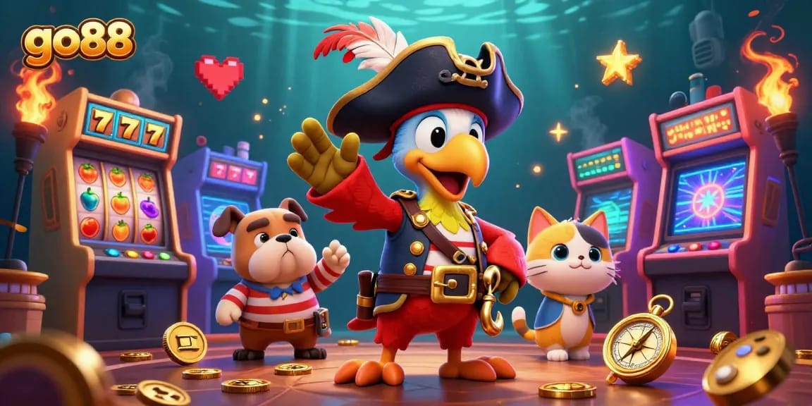 Spin and win at go88 with vibrant slot machines featuring pirate characters in a lively casino scene.