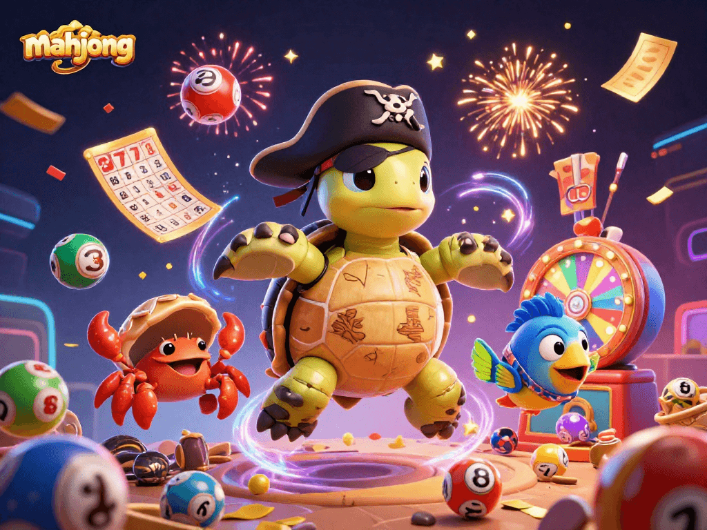 Engage in mahjong slot adventures with pirate turtle and friends amidst treasure and confetti.