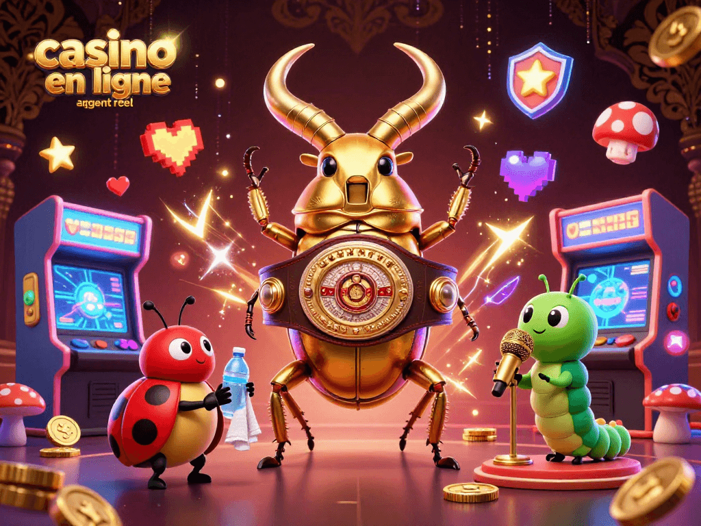 Profitez du casino en ligne argent réel avec une illustration dynamique des personnages cartoon 3D.