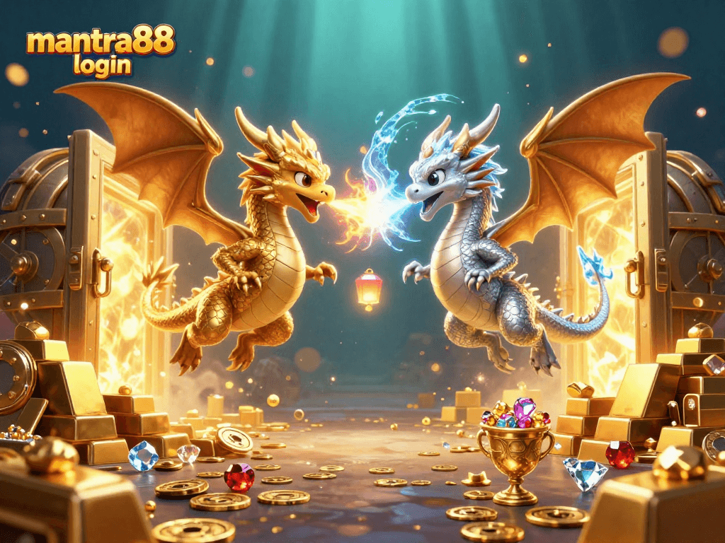 Experience excitement with mantra88 login as twin dragons battle in a vibrant, treasure-filled casino scene.
