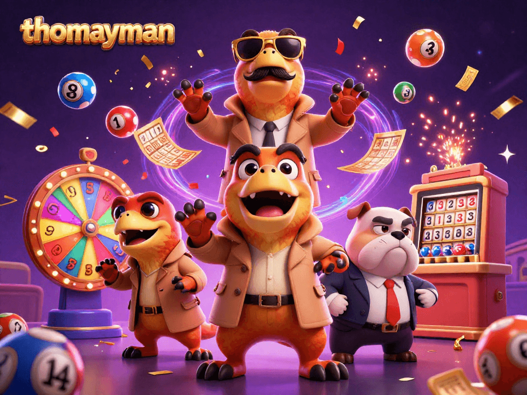 Engage with thomayman in a vibrant casino scene featuring cartoon raptors and exciting game elements.