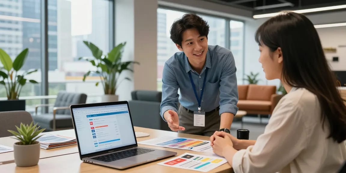 Consultant discussing 오피사이트 services with client in a modern office