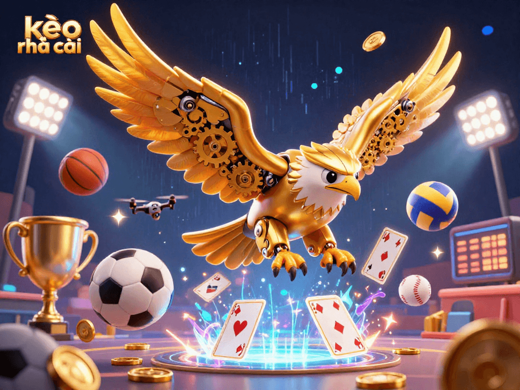 Engage with kèo nhà cái through a dynamic 3D illustration of a golden eagle soaring amidst vibrant sports elements and holographic cards.