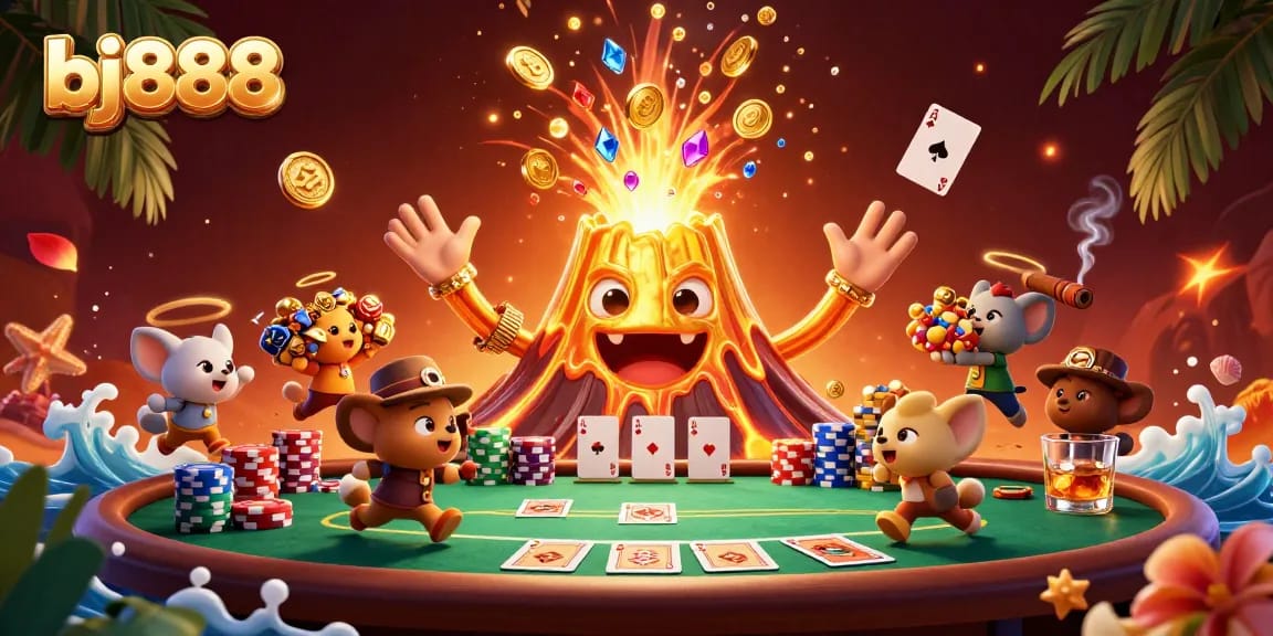Engage with bj888's vibrant casino scene featuring a golden volcano erupting treasure alongside classic poker elements.