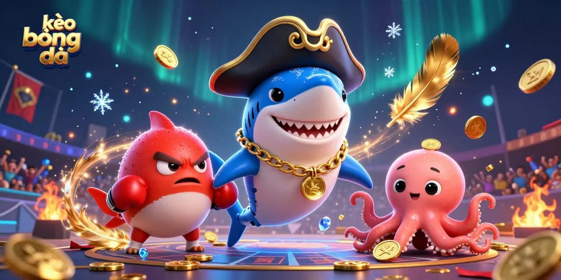 Bet on kèo bóng đá with a cartoon shark and friends in a dynamic sports arena scene.