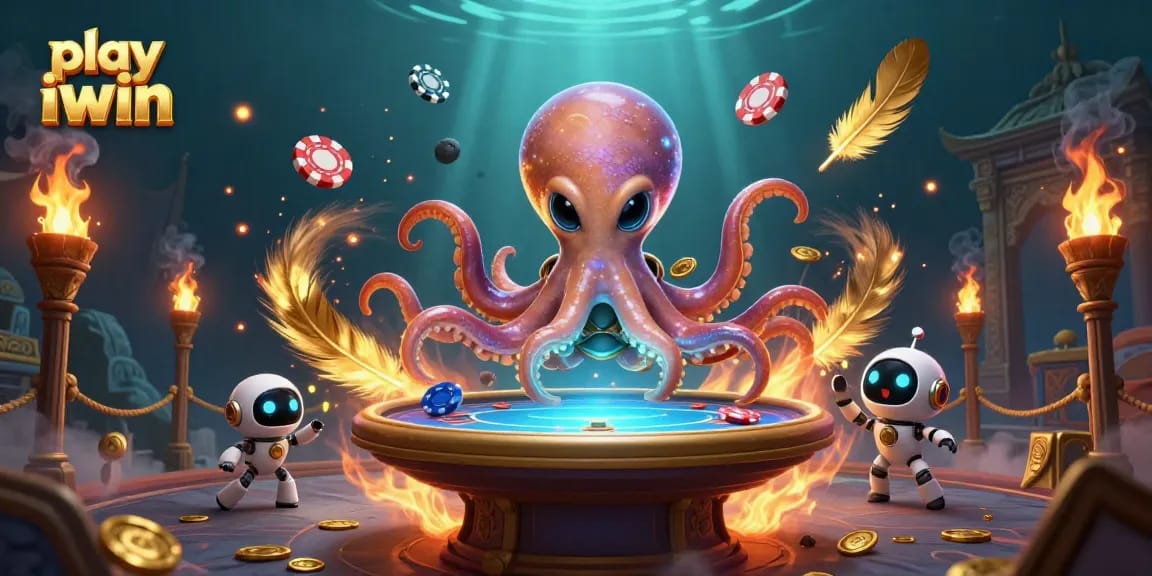 play iwin at a holographic poker table with an alien octopus and magical atmosphere