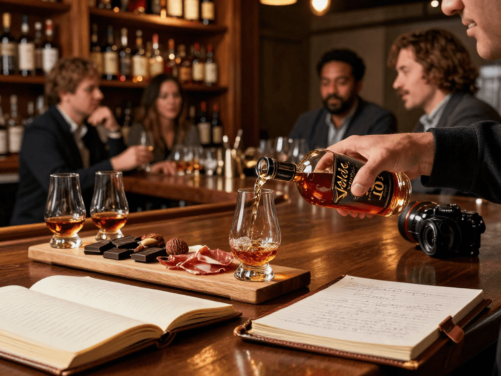 A glass of Weller Antique 107 Bourbon presented amidst a tasting board, showcasing the essence of bourbon appreciation in a cozy bar setting.