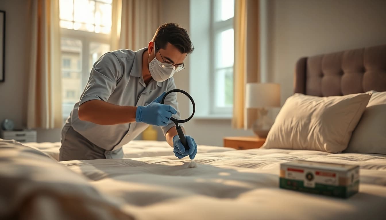 Expert technician conducting bed bug removal in a modern bedroom, highlighting the inspection process.