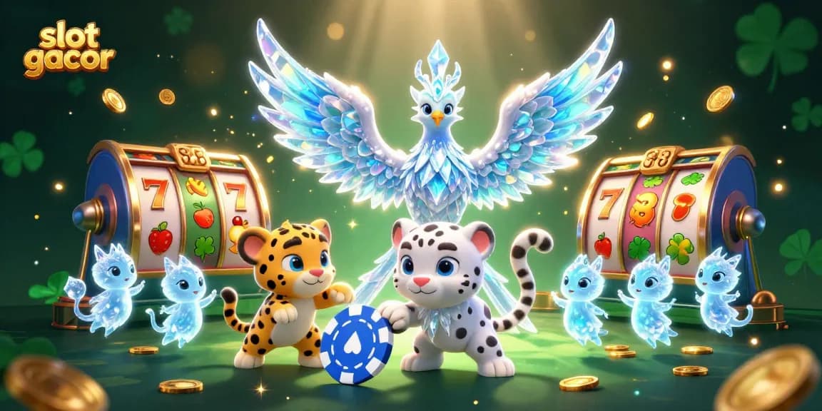 Experience slot gacor with an exciting 3D illustration featuring dynamic characters and casino elements.